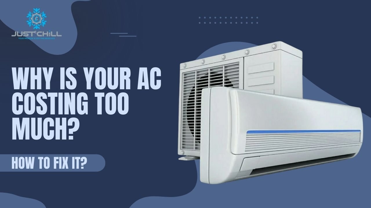 Minimalist thumbnail of a split AC unit in blue and ash gray theme with the text: "Stop Wasting Money on Your AC."